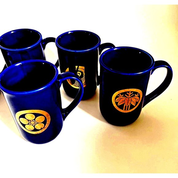 Asian Design Skinny Coffee Mug Cup Cobalt Blue Shiny Gold Signs Set 5  Vintage - Picture 7 of 10